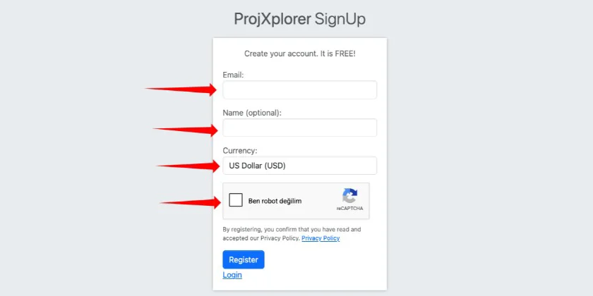Projxplorer signup form